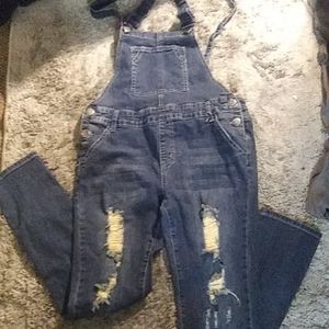 VIP distressed blue jean overalls